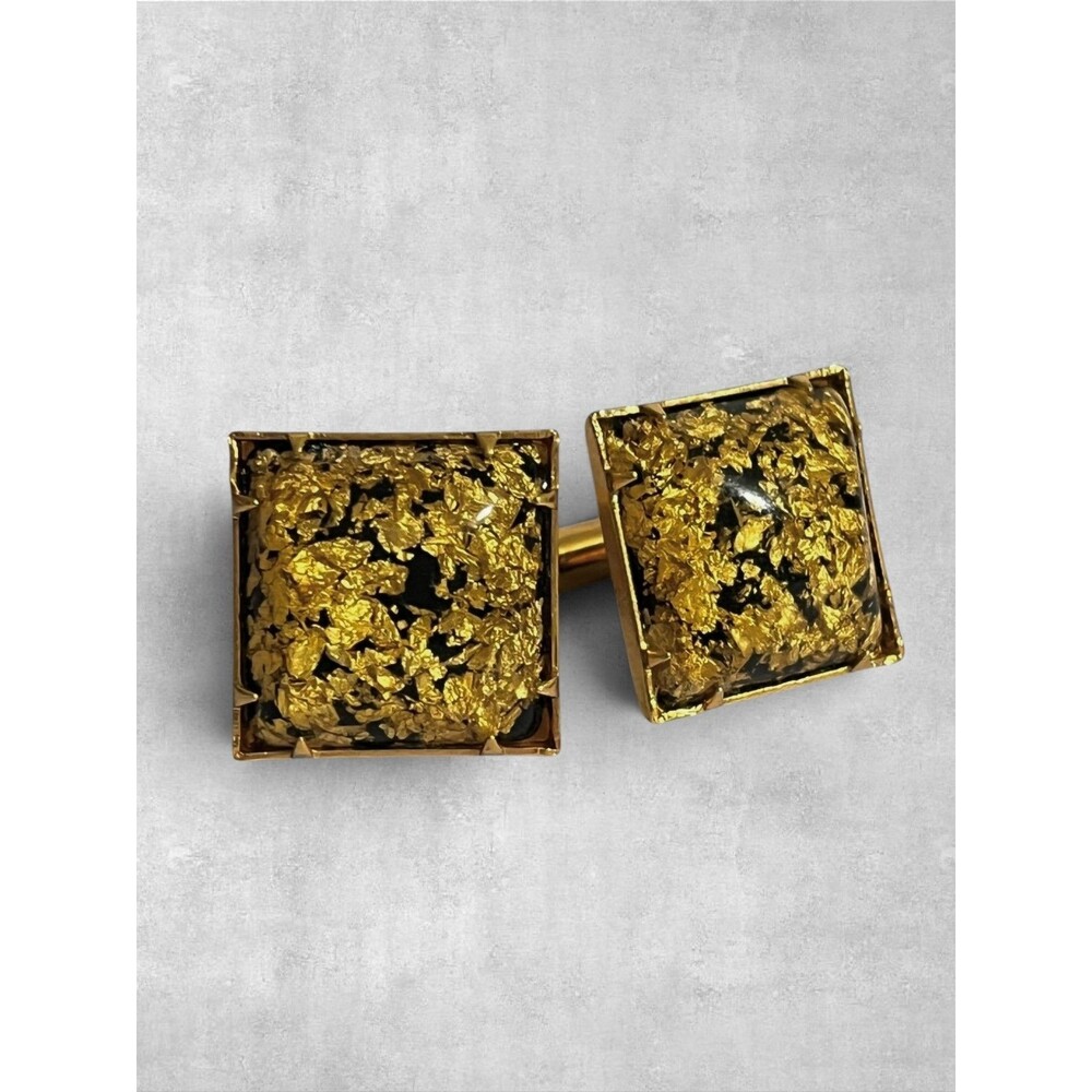 Vintage Lucite Gold Tone Flake Confetti Cufflinks Black Square MCM Cuff Links